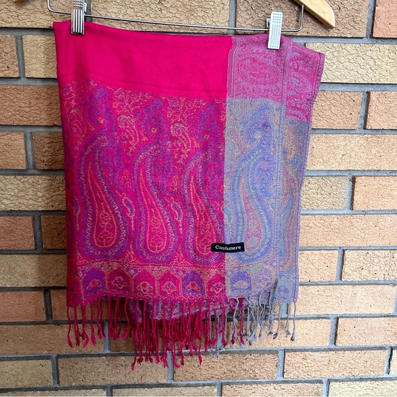 Cashmere Boho Pink Paisley Printed Scarf Wrap Shawl Fringe 70x23” READ - Picture 2 of 9